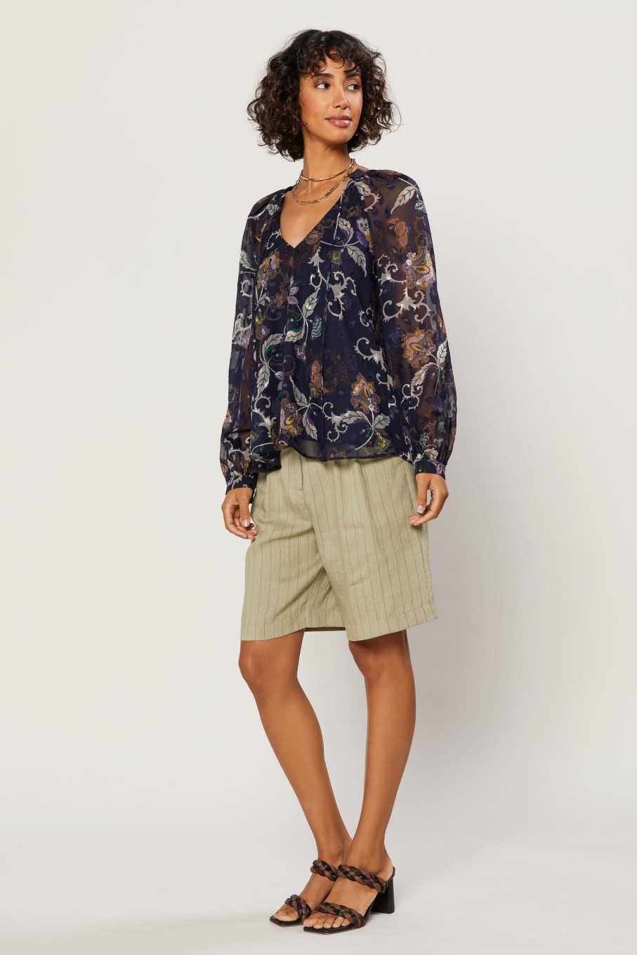 CURRENT AIR Navy Floral Long Sleeve Top Blouses
