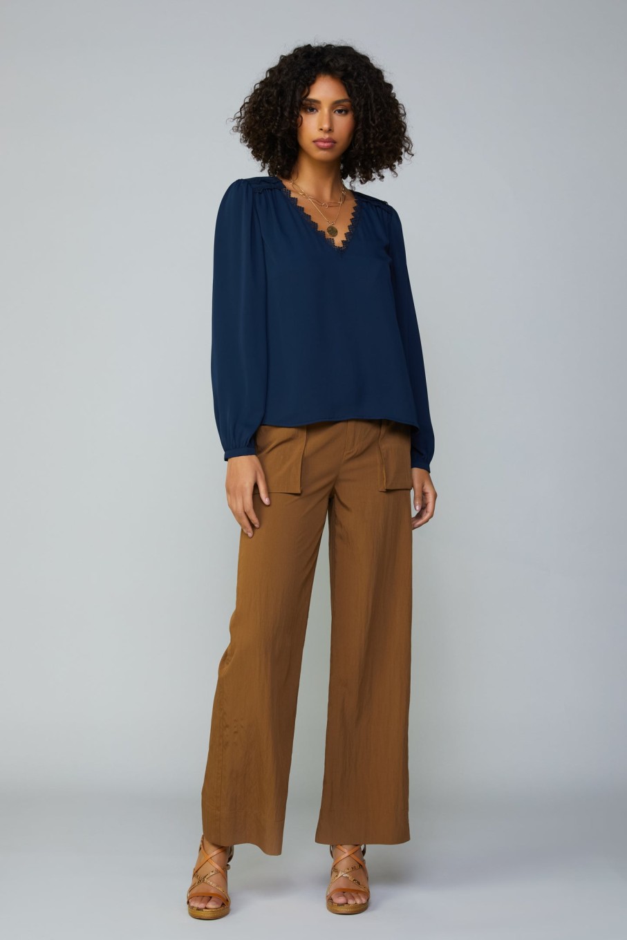 CURRENT AIR Lace Trim Blouse Long Sleeve Tops