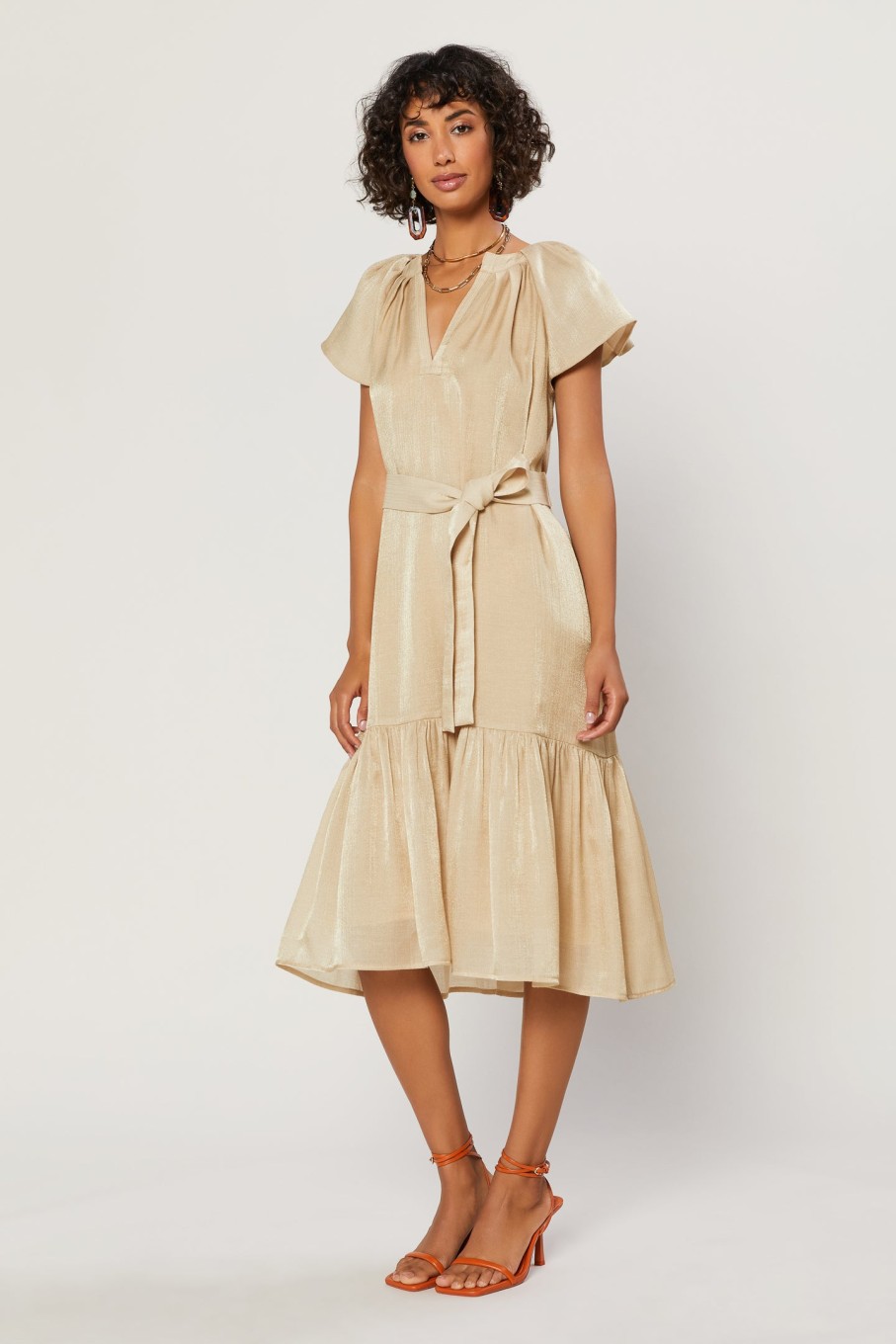 CURRENT AIR Gold Sparkle Pleated Midi Dress Midi Dresses