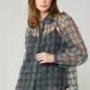 CURRENT AIR Windowpane Plaid Sheer Blouse Long Sleeve Tops