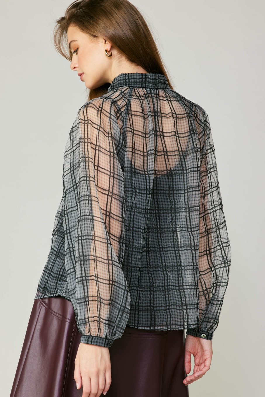 CURRENT AIR Windowpane Plaid Sheer Blouse Long Sleeve Tops