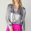 CURRENT AIR Metallic Bubble Hem Blouse Long Sleeve Tops