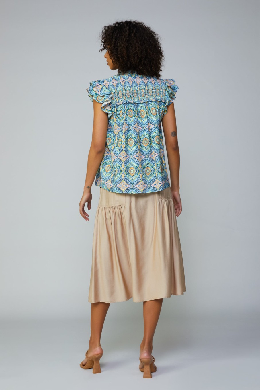 CURRENT AIR Geometric Tile Motif Flutter Sleeve Blouse Blouses