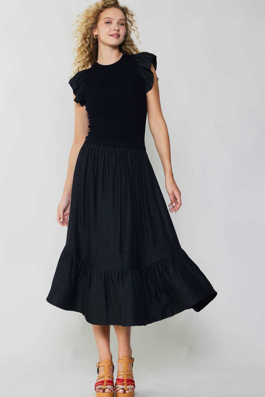 CURRENT AIR Ruffled Sleeve Sweater Dress Midi Dresses