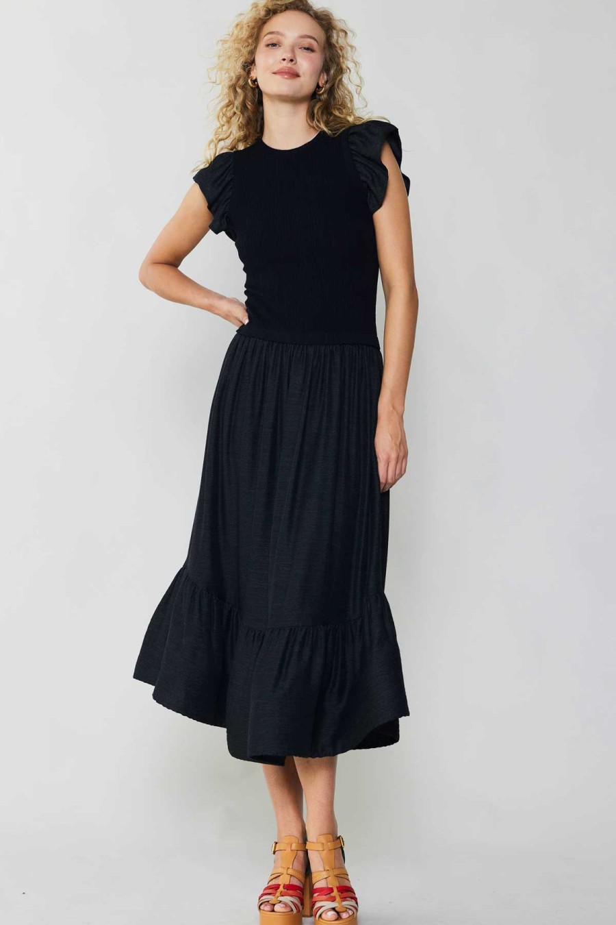CURRENT AIR Ruffled Sleeve Sweater Dress Midi Dresses