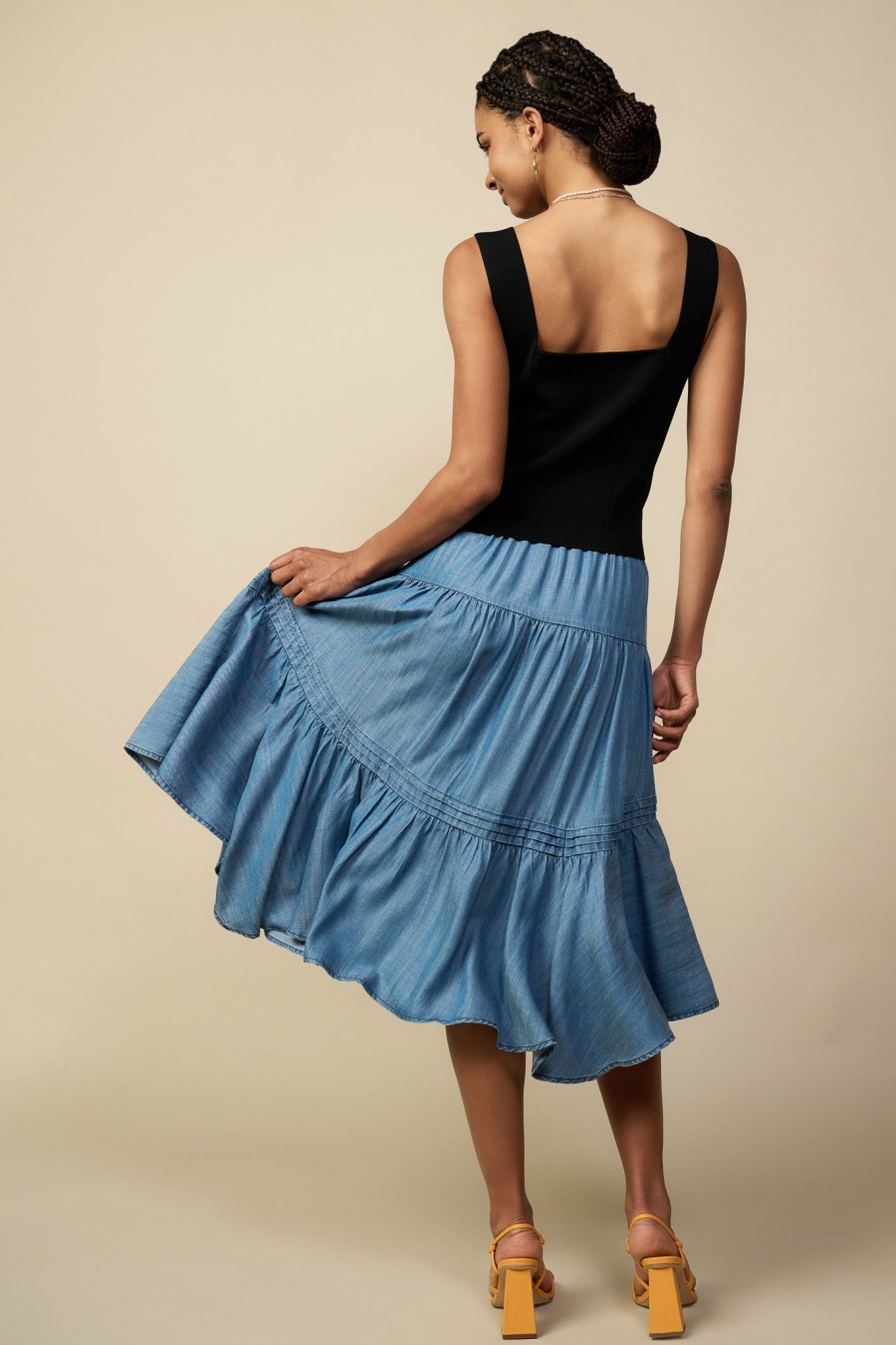 CURRENT AIR Chambray Tiered Midi Skirt Skirts