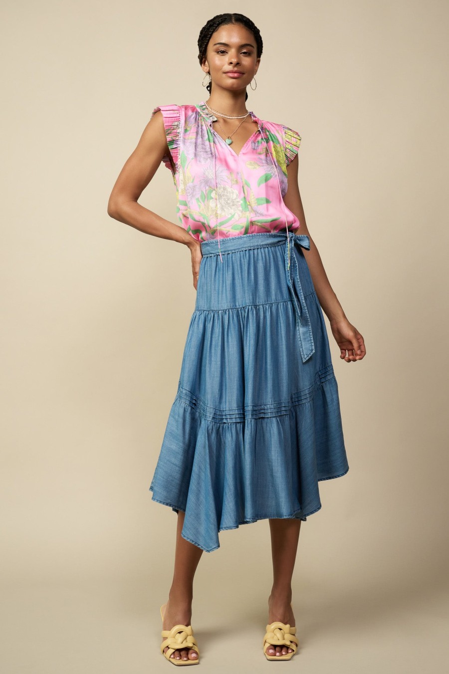CURRENT AIR Chambray Tiered Midi Skirt Skirts