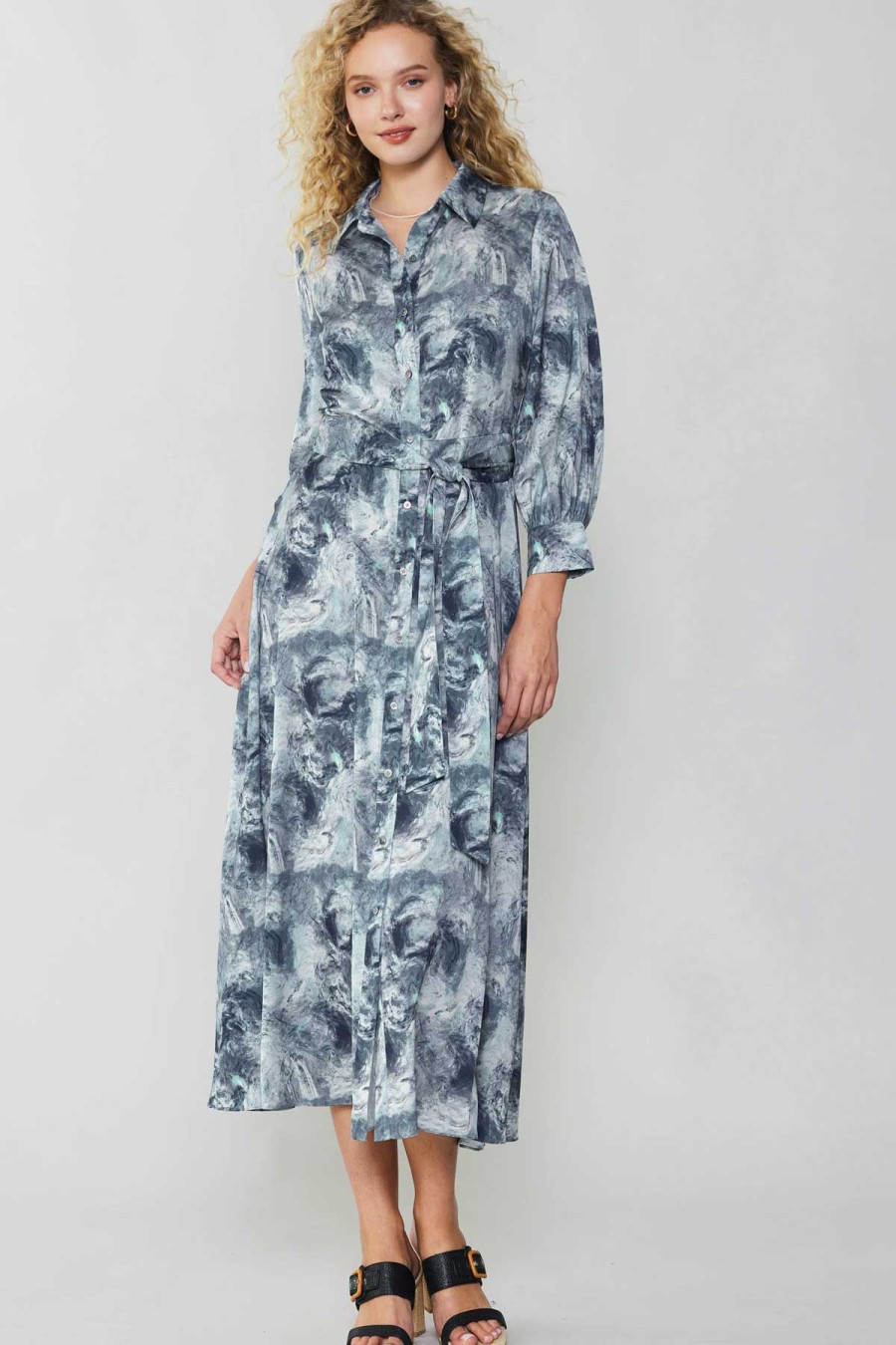 CURRENT AIR Marbled Motif Buttondown Dress Midi Dresses
