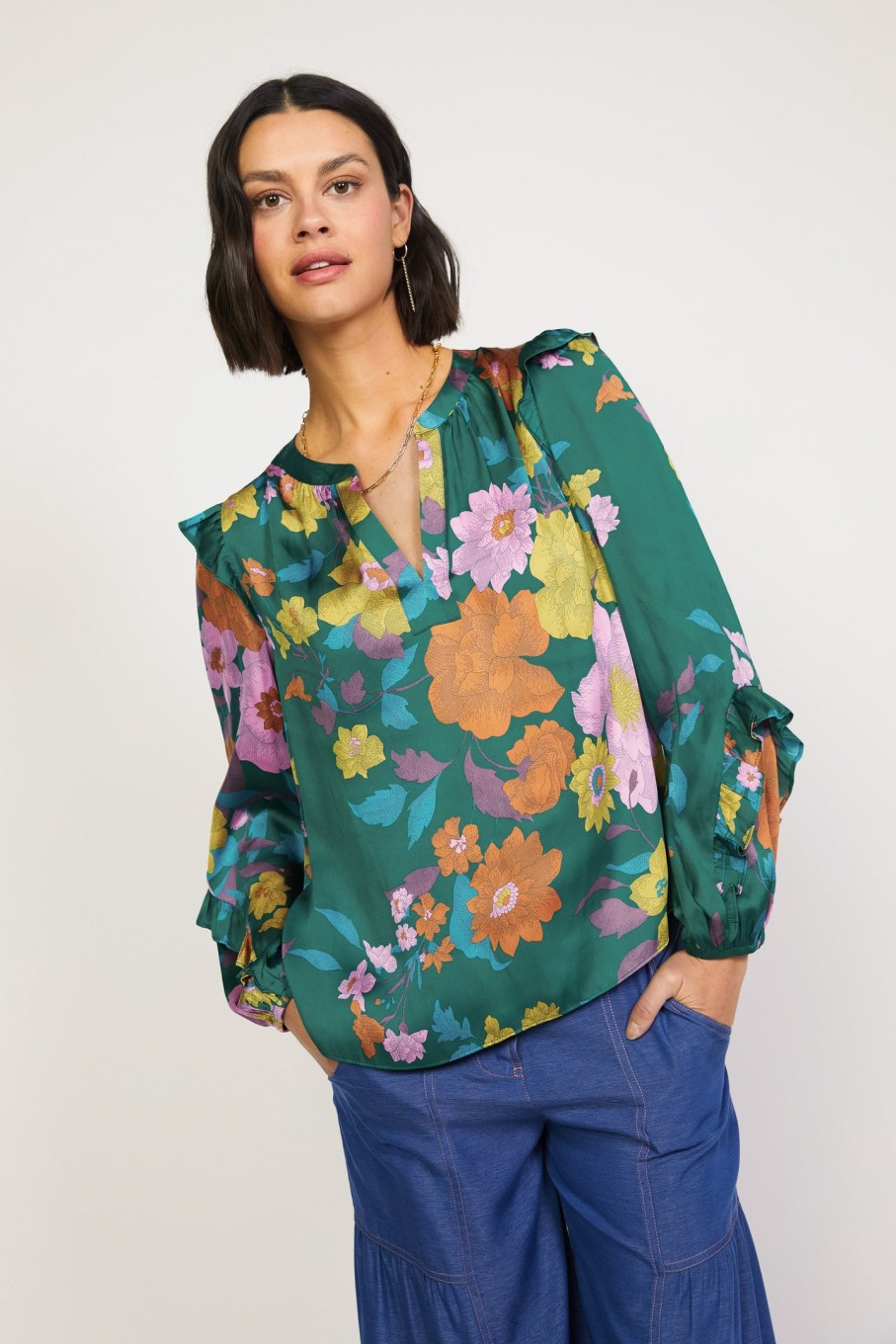 CURRENT AIR Floral Ruffle Trim Blouse Blouses
