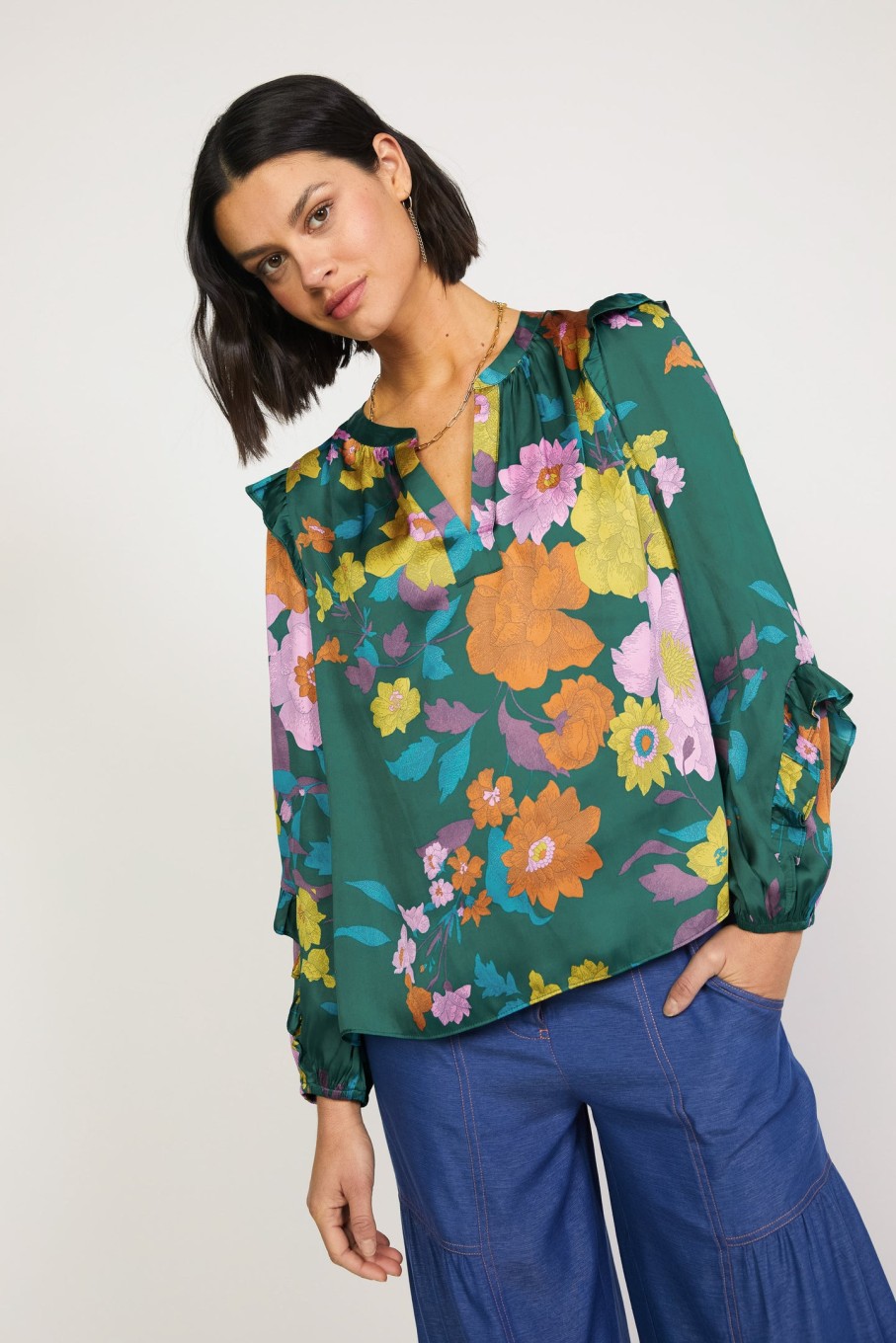 CURRENT AIR Floral Ruffle Trim Blouse Blouses