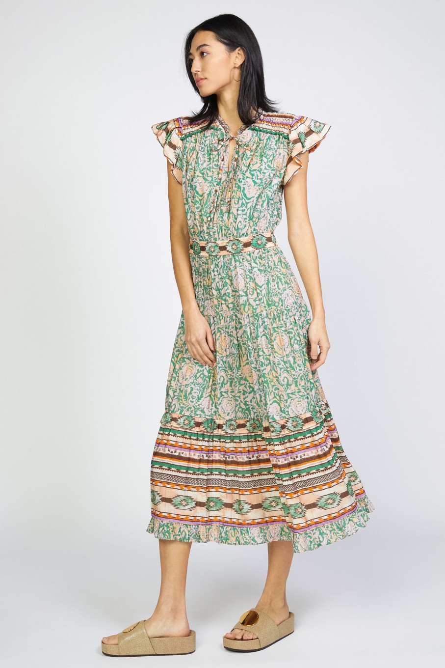 CURRENT AIR Border Print Striped Midi Dress Midi Dresses