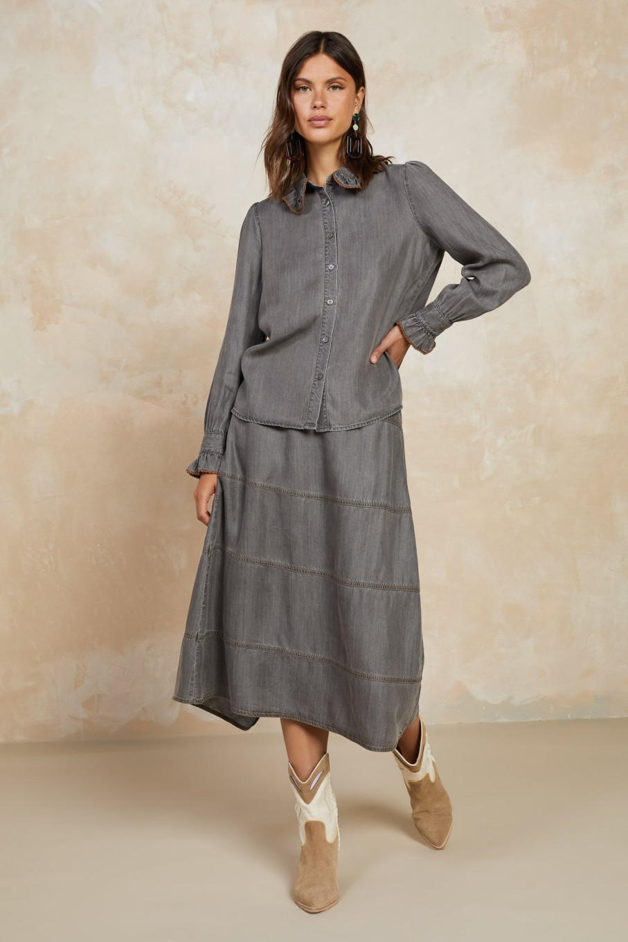 CURRENT AIR Chambray Button Down Blouse Long Sleeve Tops