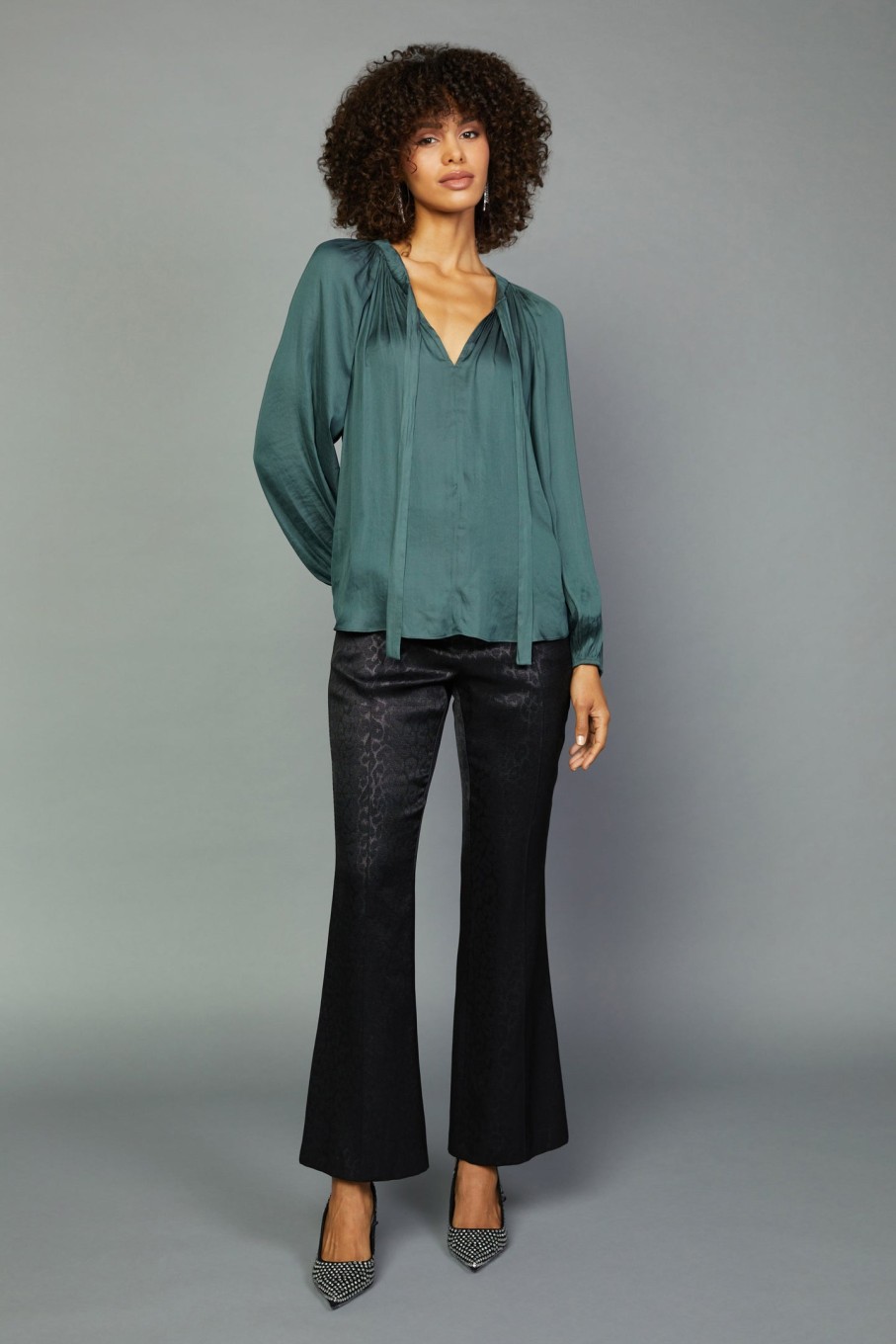 CURRENT AIR Gathered Bow Tie Blouse Long Sleeve Tops