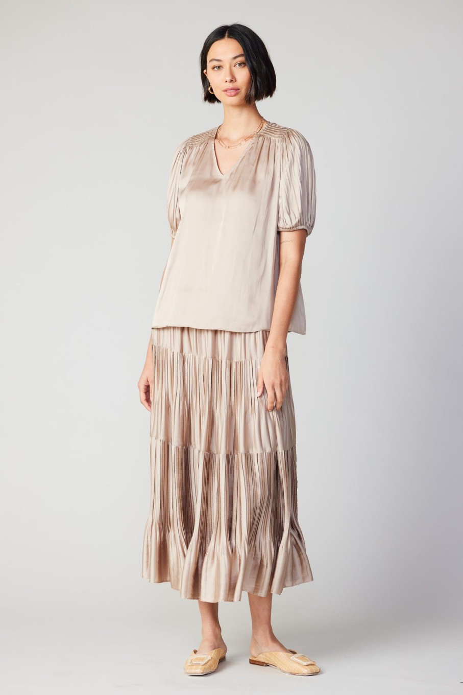 CURRENT AIR Cuffed Pleated Yoke Top Blouses