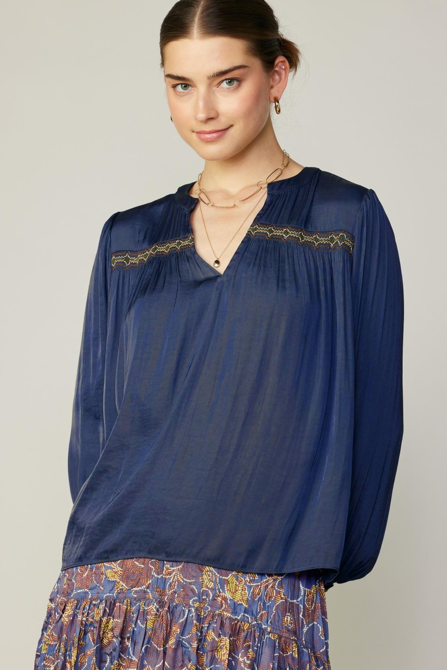 CURRENT AIR Santa Fe Embroidered Blouse Long Sleeve Tops