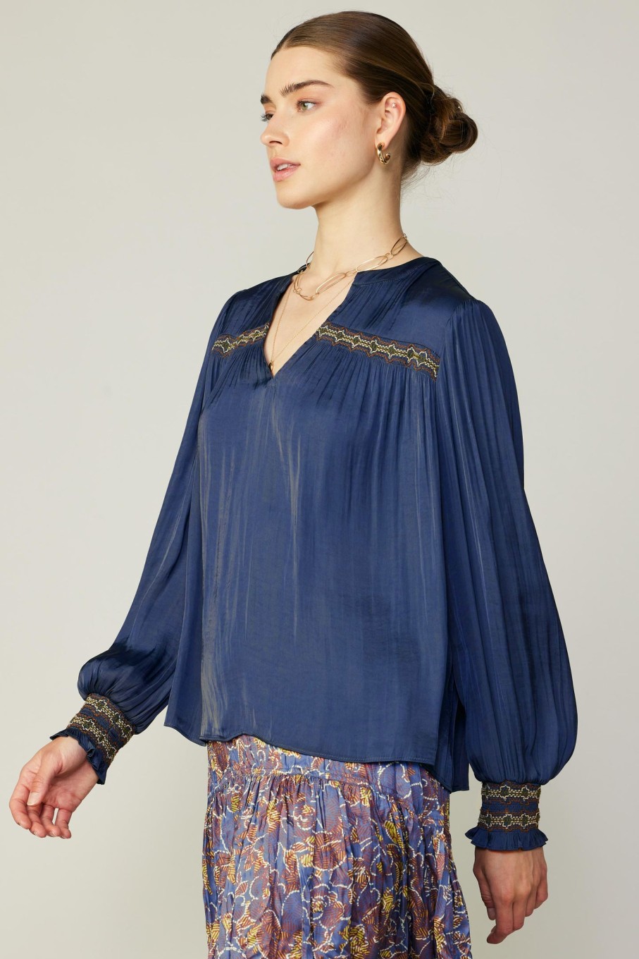 CURRENT AIR Santa Fe Embroidered Blouse Long Sleeve Tops
