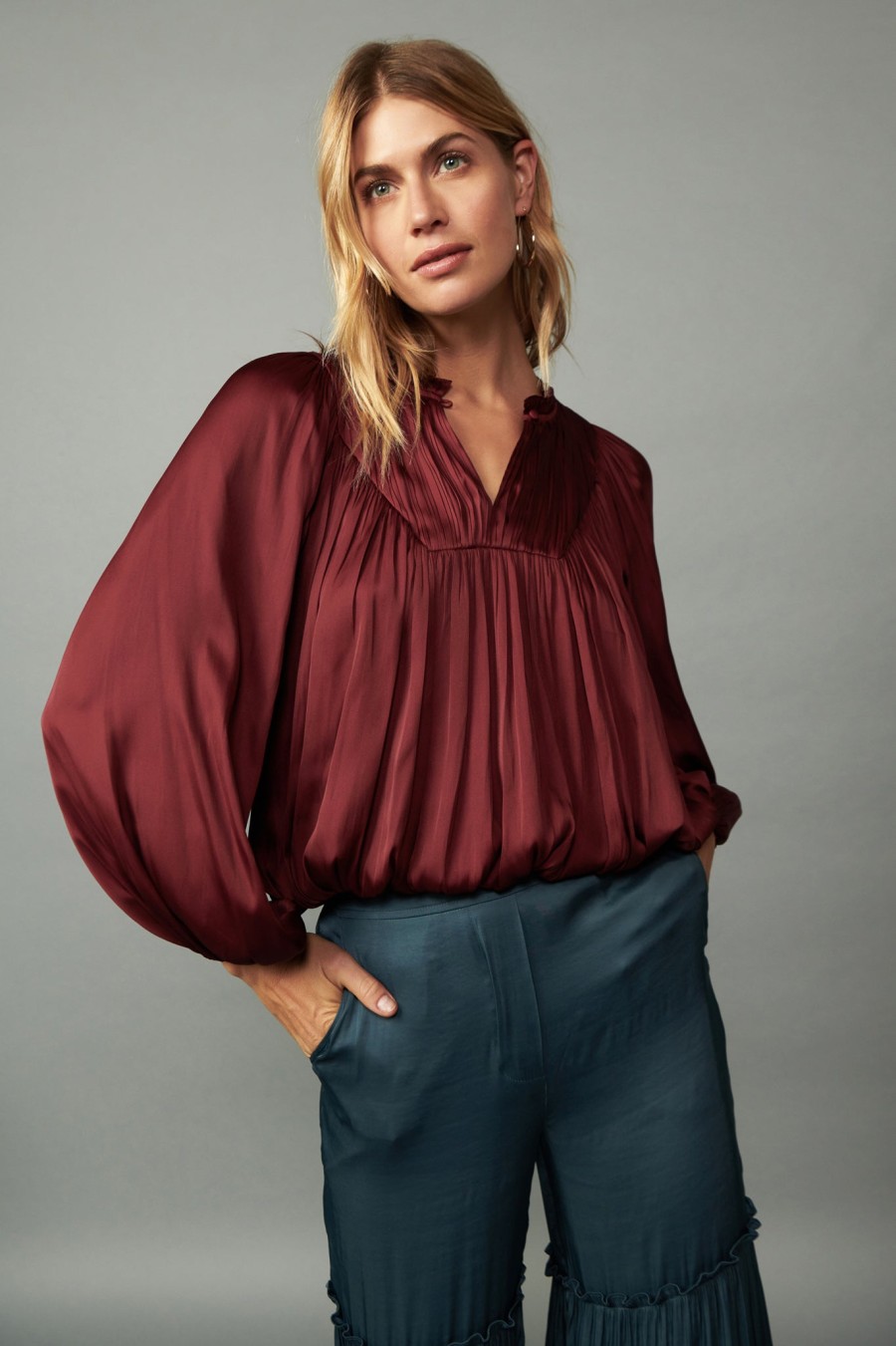 CURRENT AIR Yoke Shirred Blouse Blouses