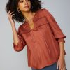 CURRENT AIR Smocked Split Neck Blouse Long Sleeve Tops