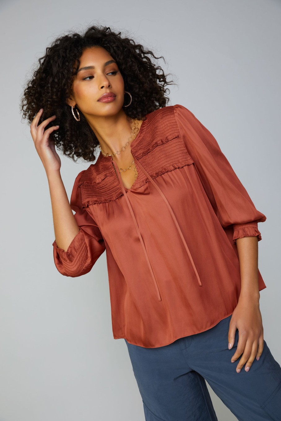 CURRENT AIR Smocked Split Neck Blouse Long Sleeve Tops