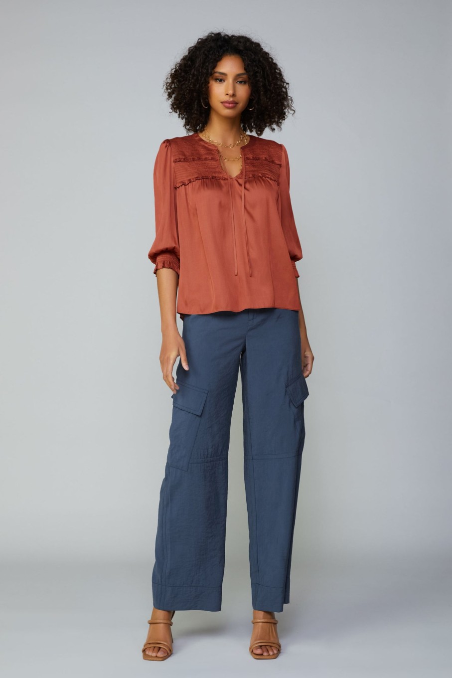 CURRENT AIR Smocked Split Neck Blouse Long Sleeve Tops