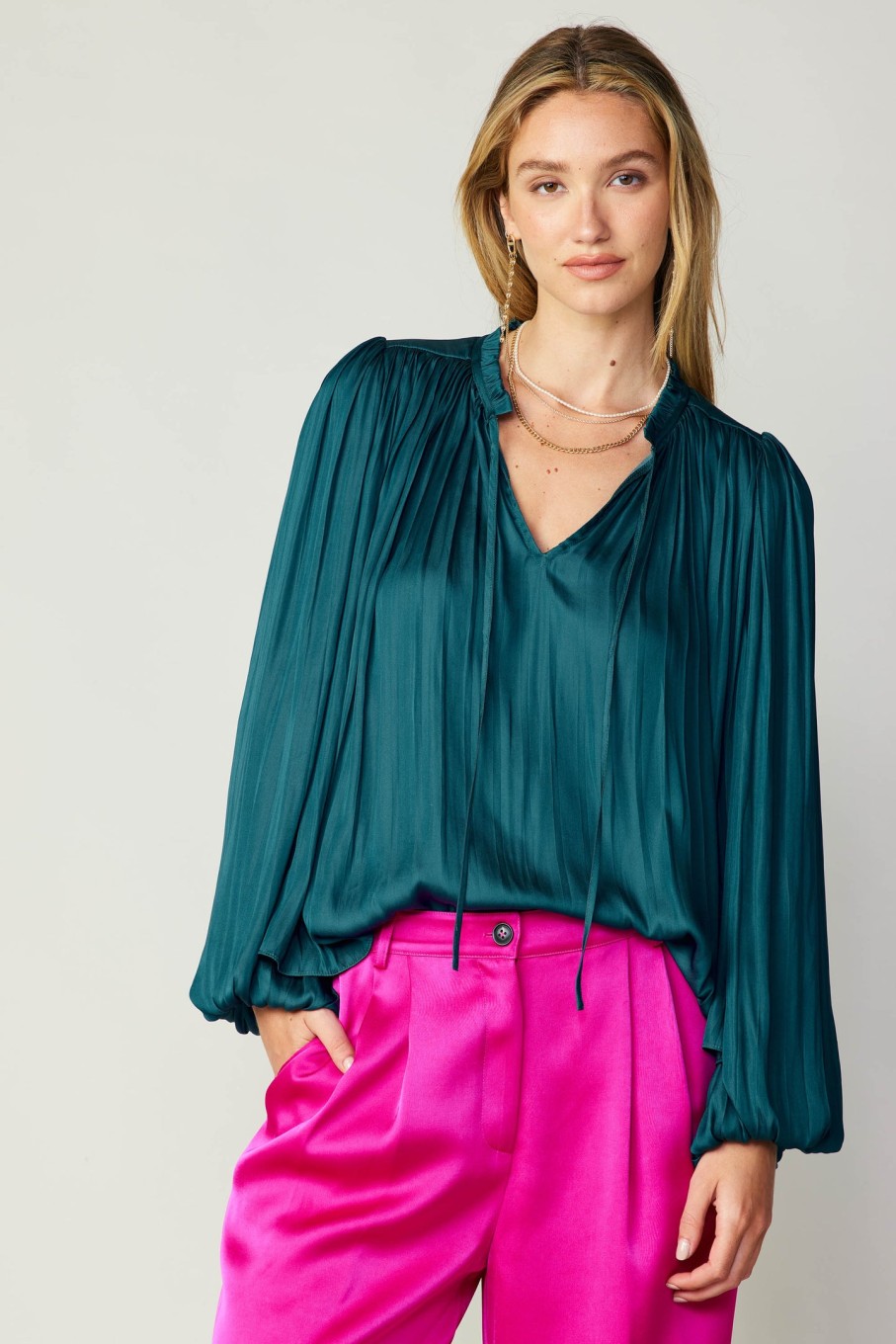 CURRENT AIR Pleated Puffed Sleeve Blouse Long Sleeve Tops