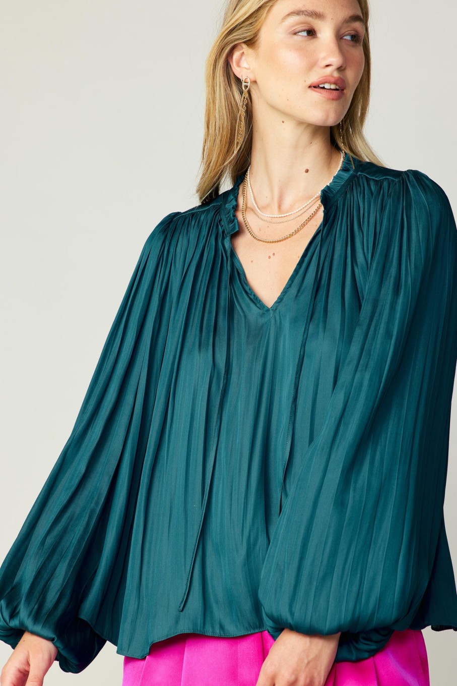 CURRENT AIR Pleated Puffed Sleeve Blouse Long Sleeve Tops