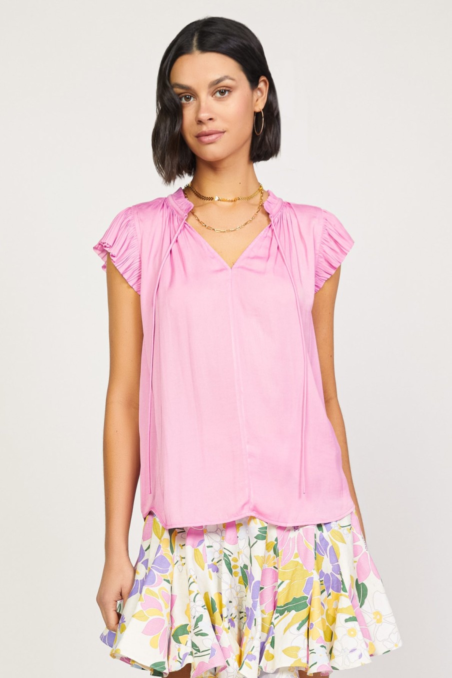CURRENT AIR Margot Pleated Sleeve Blouse Short Sleeve Tops