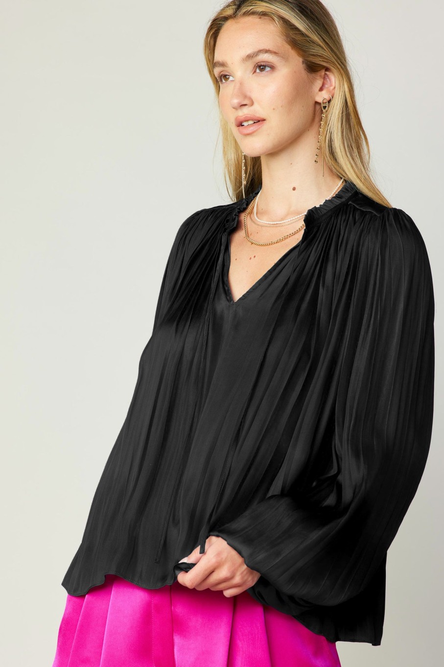 CURRENT AIR Pleated Puffed Sleeve Blouse Long Sleeve Tops