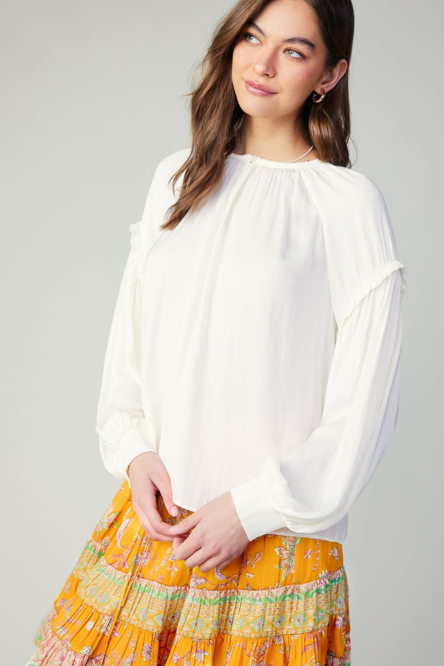 CURRENT AIR Rope Trim Neckline Blouse Long Sleeve Tops
