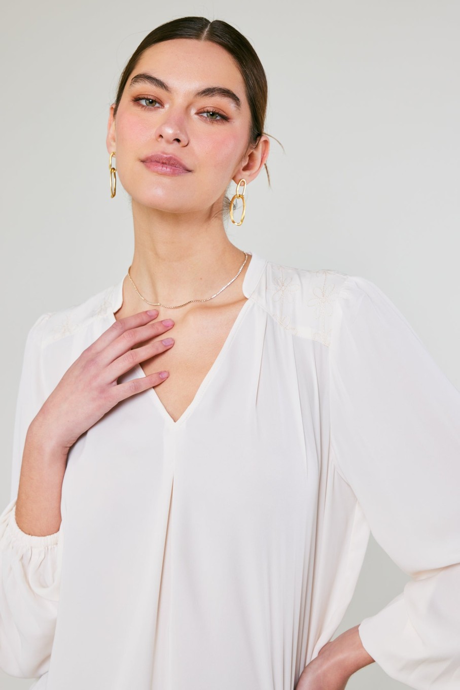 CURRENT AIR Floral Quilted Yoke Blouse Long Sleeve Tops