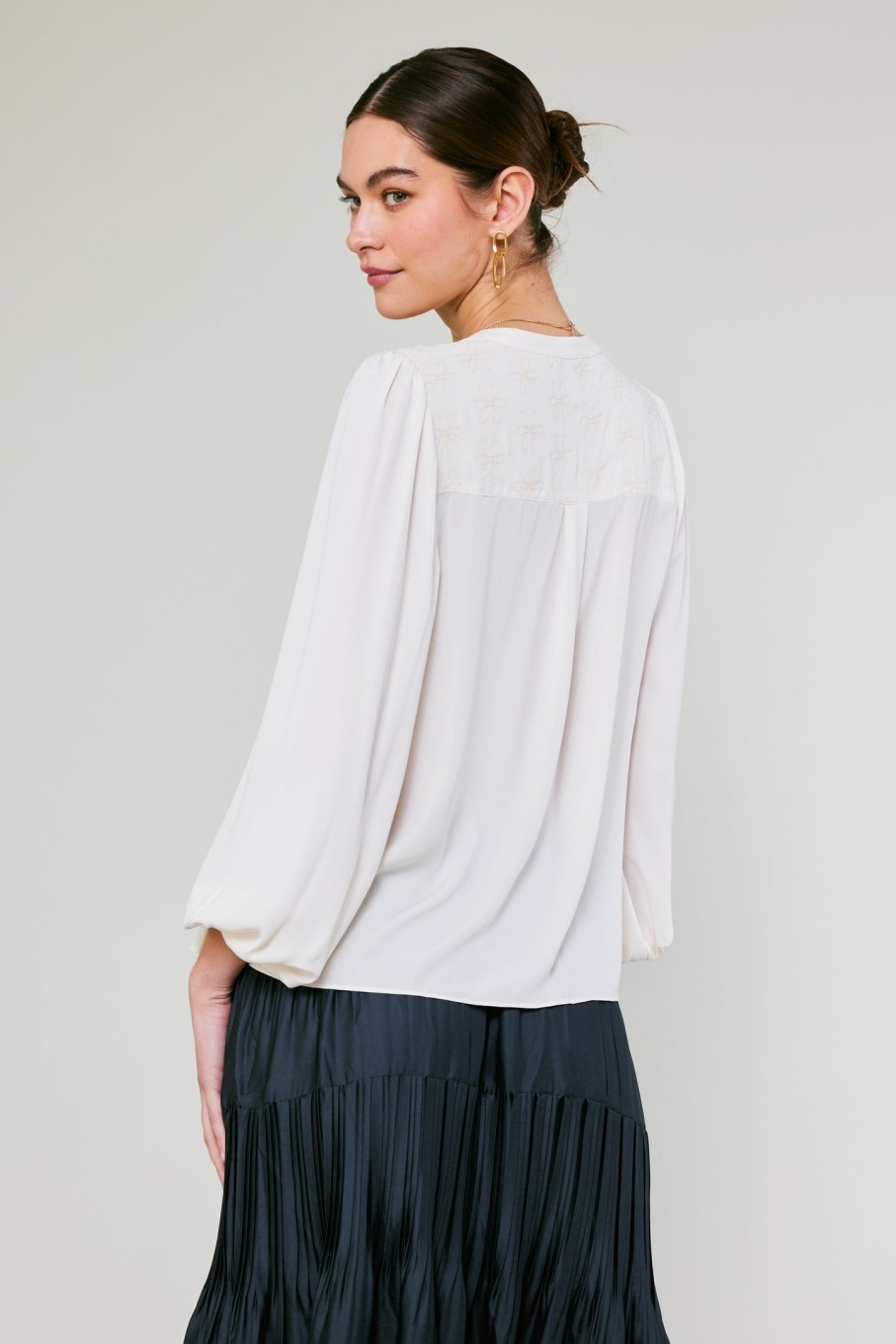 CURRENT AIR Floral Quilted Yoke Blouse Long Sleeve Tops