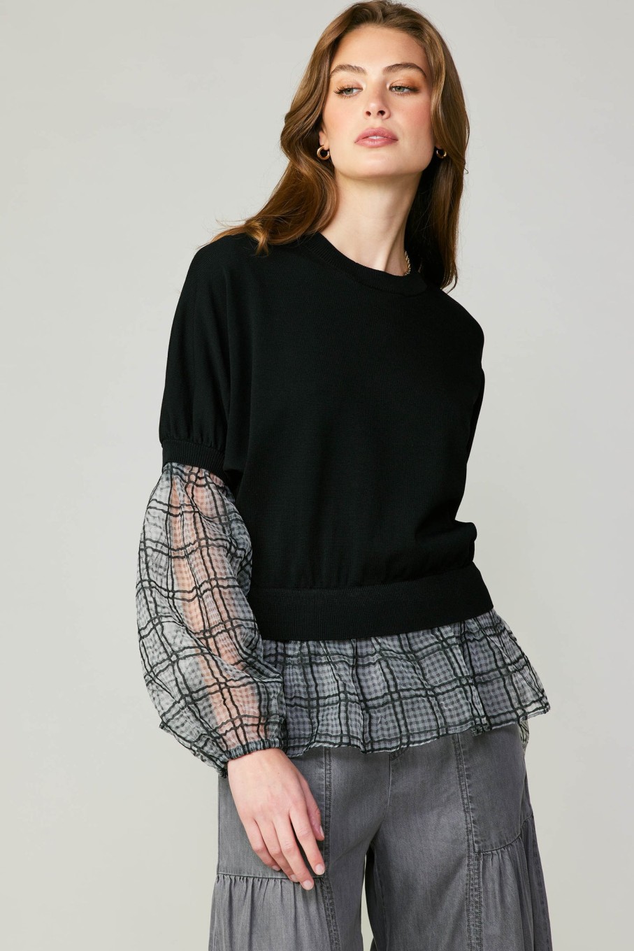 CURRENT AIR Windowpane Plaid Sweater Top Blouses