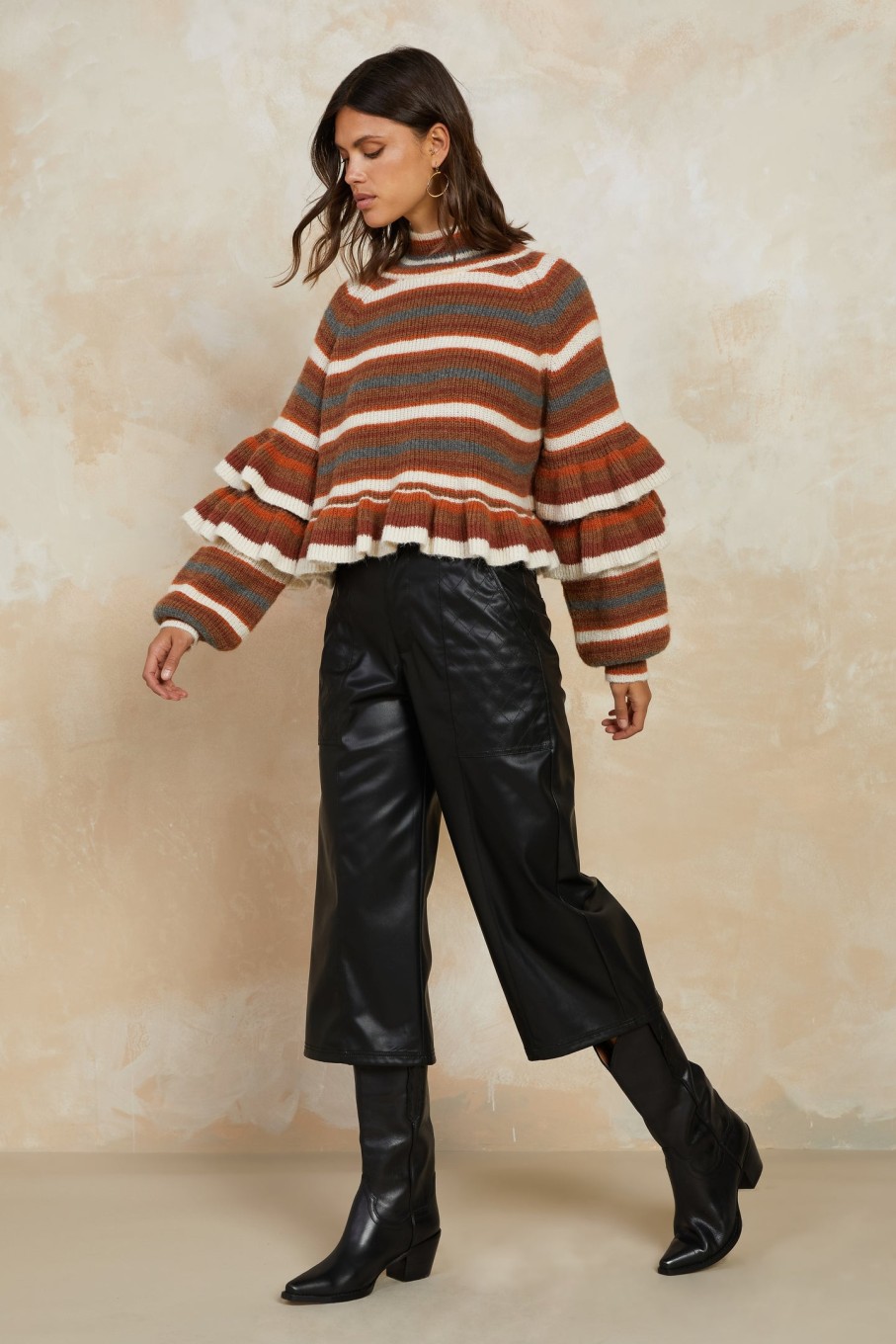 CURRENT AIR Striped Ruffled Mock Neck Sweater Long Sleeve Tops