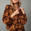 CURRENT AIR Orange Picot Stitch Blouse Long Sleeve Tops