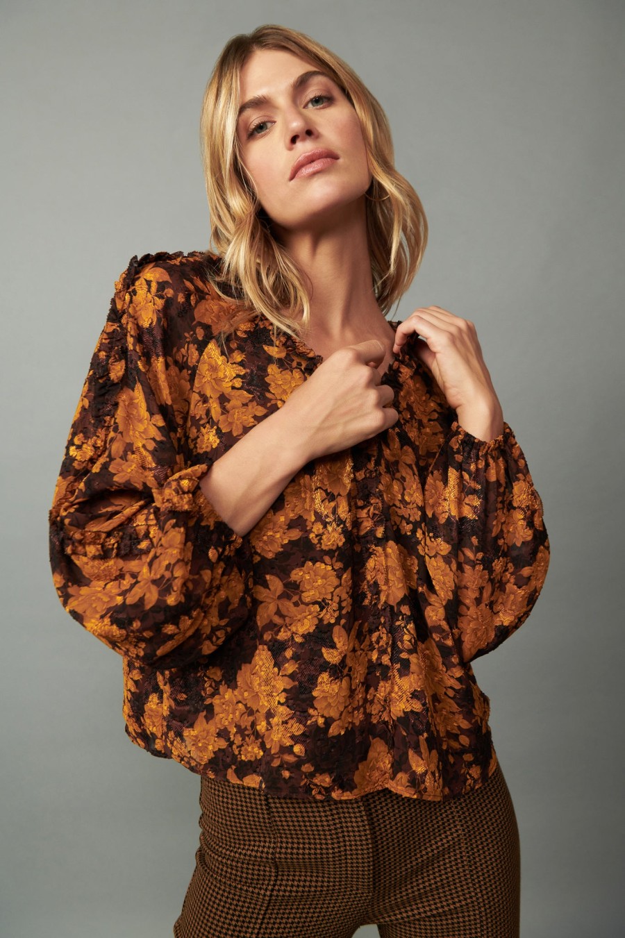 CURRENT AIR Orange Picot Stitch Blouse Long Sleeve Tops