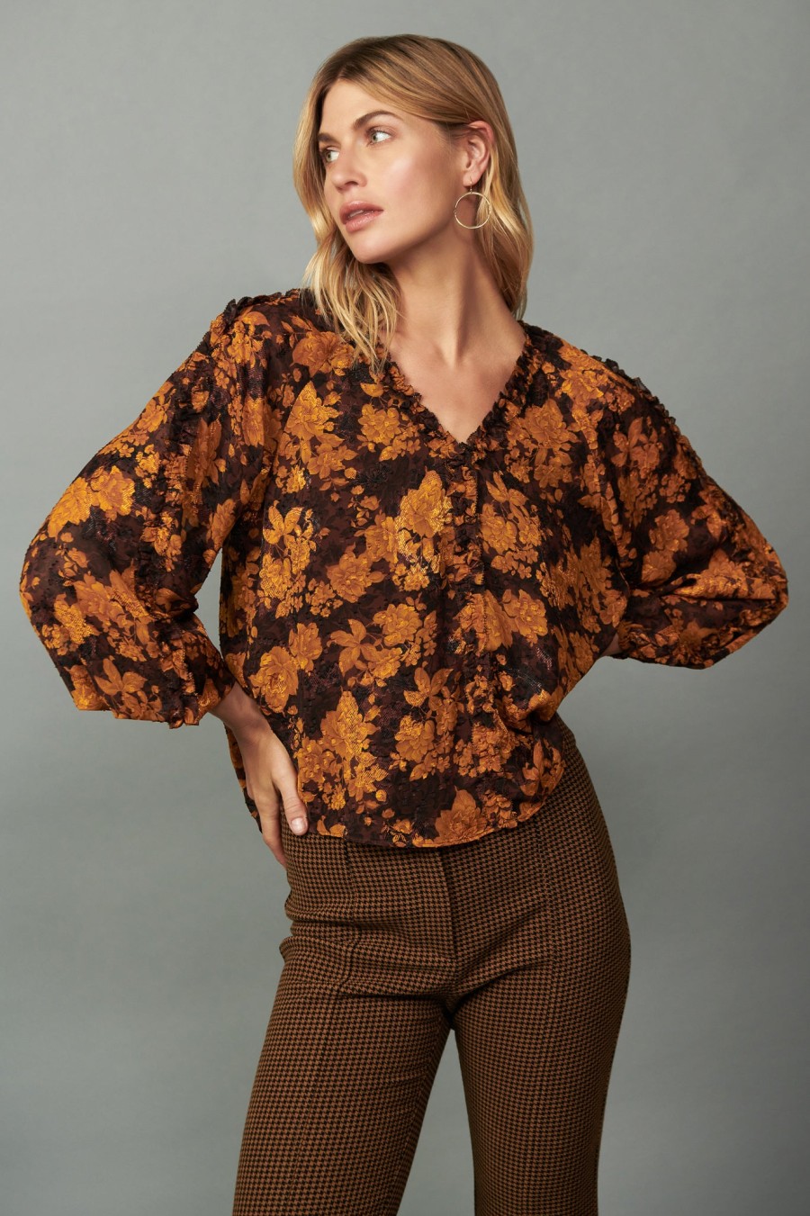 CURRENT AIR Orange Picot Stitch Blouse Long Sleeve Tops