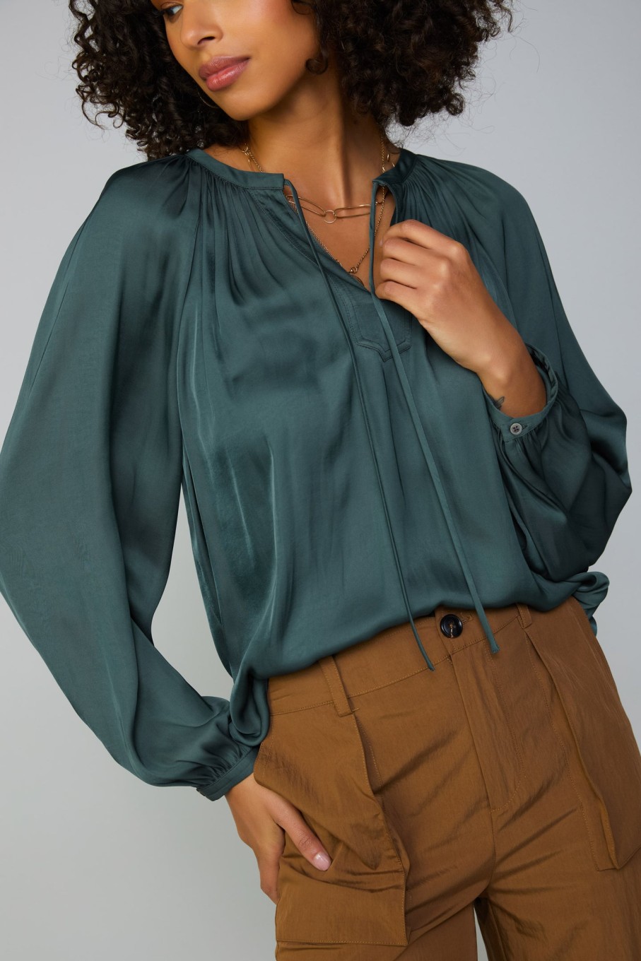 CURRENT AIR Gathered Split Neck Blouse Blouses