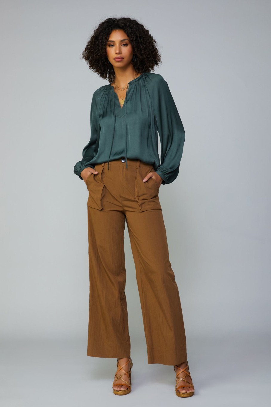 CURRENT AIR Gathered Split Neck Blouse Blouses